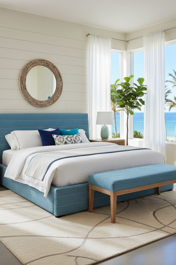 Platform Bed, Sky Blue Hemp Fabric, Horizontal Stitch Detailing, Sunlit Coastal Modern Bedroom Platform Bed, Sky Blue Hemp Fabric, Horizontal Stitch Detailing, Sunlit Coastal Modern Bedroom