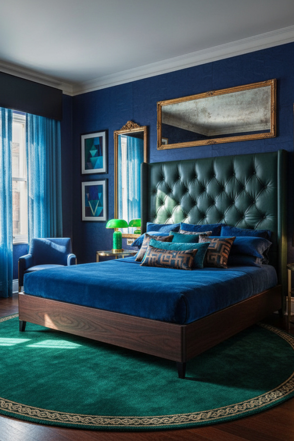 Upholstered Bed, Black Walnut Base, Leather Accent Panels, Vibrant Moody Contemporary Bedroom Upholstered Bed, Black Walnut Base, Leather Accent Panels, Vibrant Moody Contemporary Bedroom