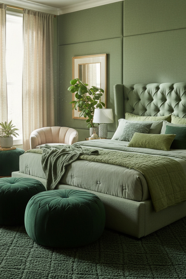 Platform Bed, Muted Sage Linen Blend, Plush Tufted Headboard, Elegant Organic Bedroom Platform Bed, Muted Sage Linen Blend, Plush Tufted Headboard, Elegant Organic Bedroom
