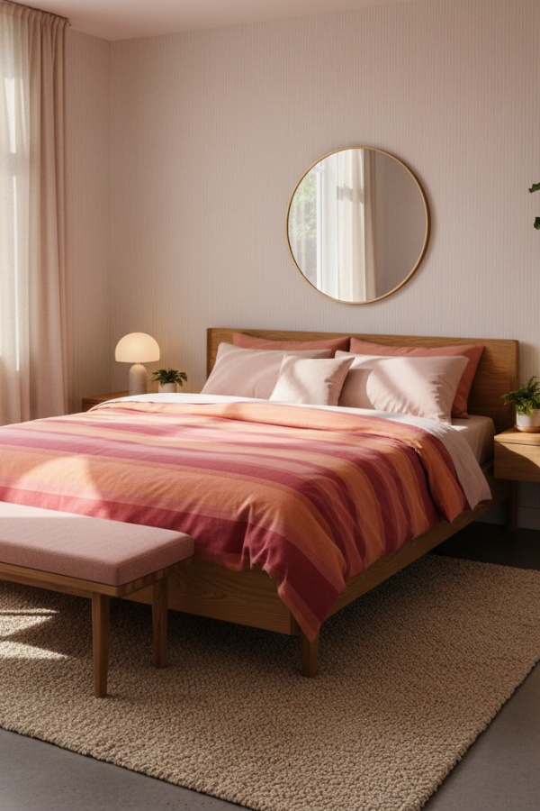 Low-Profile Bed, Natural Oak Frame, Integrated Nightstand Ledges, Bright Japandi Bedroom Low-Profile Bed, Natural Oak Frame, Integrated Nightstand Ledges, Bright Japandi Bedroom