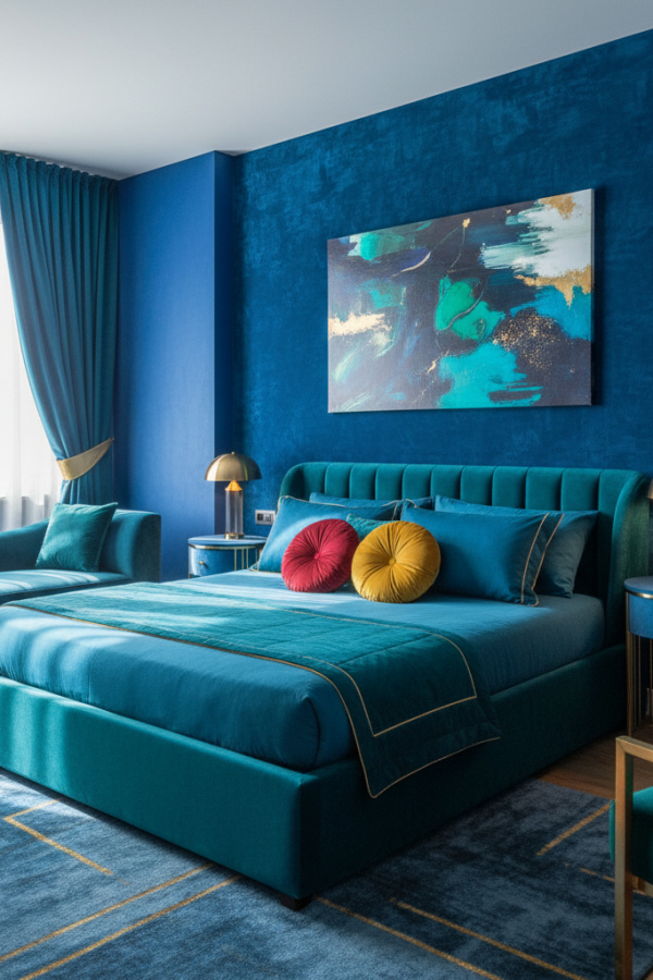 Upholstered Bed, Teal Blue Performance Velvet, Rounded Corners, Sunlit Modern Bedroom Upholstered Bed, Teal Blue Performance Velvet, Rounded Corners, Sunlit Modern Bedroom