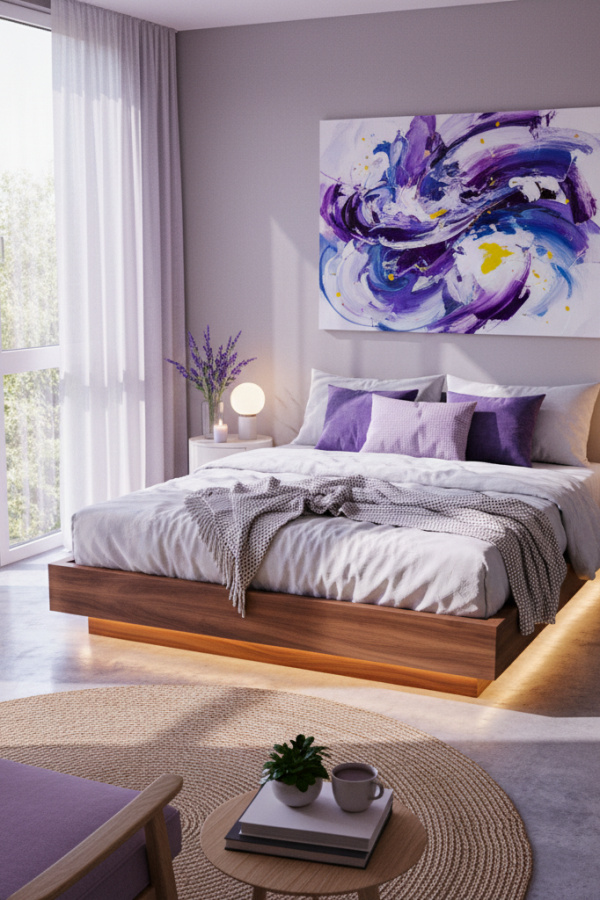 Platform Bed, Walnut Wood, Floating Base Design, Bright Minimalist Bedroom Platform Bed, Walnut Wood, Floating Base Design, Bright Minimalist Bedroom