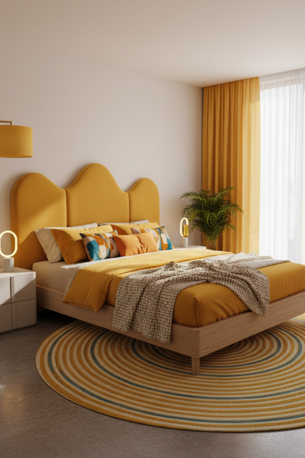 Sculptural Bed, Mustard Yellow Chenille, Organic Wave Headboard, Vibrant Organic Modern Bedroom Sculptural Bed, Mustard Yellow Chenille, Organic Wave Headboard, Vibrant Organic Modern Bedroom