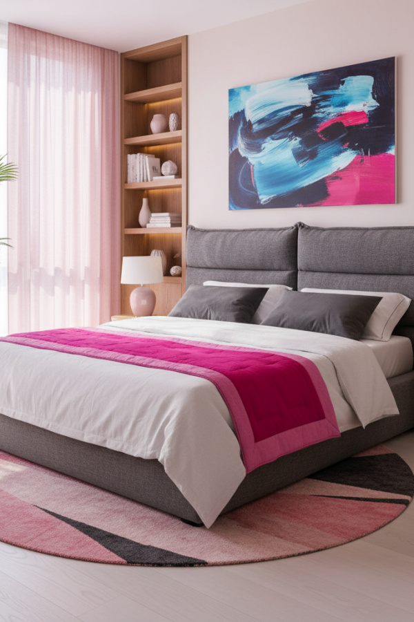 Low-Profile Bed, Charcoal Gray Linen, Padded Headboard Panel, Modern Neutral Bedroom Low-Profile Bed, Charcoal Gray Linen, Padded Headboard Panel, Modern Neutral Bedroom