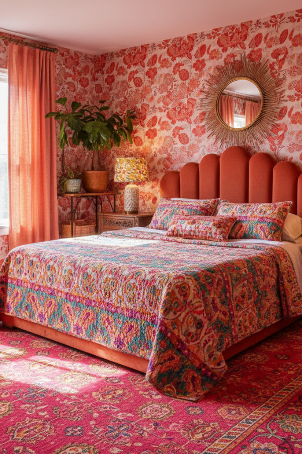 Upholstered Bed, Terracotta Teddy Fabric, Scalloped Headboard Edge, Vibrant Maximalist Bedroom Upholstered Bed, Terracotta Teddy Fabric, Scalloped Headboard Edge, Vibrant Maximalist Bedroom
