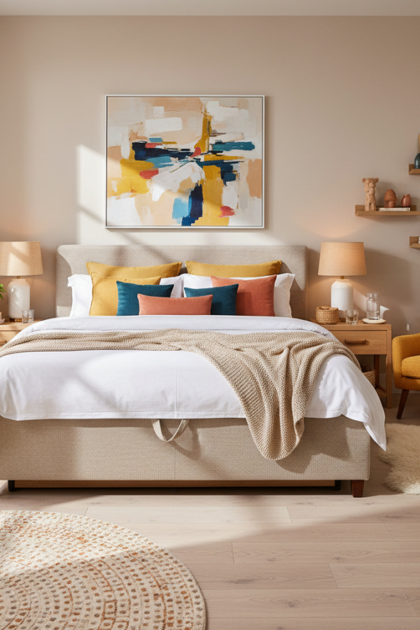 Storage Platform Bed, Soft Beige Textured Weave, Hydraulic Lift Mechanism, Bright Scandinavian Bedroom Storage Platform Bed, Soft Beige Textured Weave, Hydraulic Lift Mechanism, Bright Scandinavian Bedroom