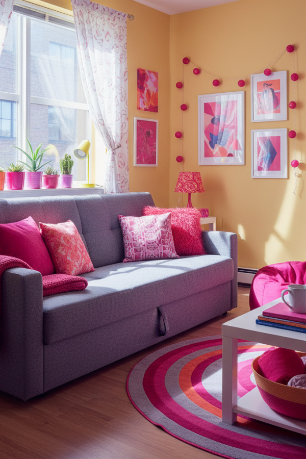 College Apartment Living Room, Gray Futon Sofa, Convertible Bed Design, Storage Underneath, Bright Modern Space