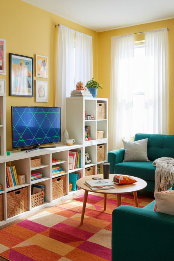 College Apartment Living Room, White IKEA Storage Units, TV Stand Combo, Organized Layout, Bright Minimalist Space