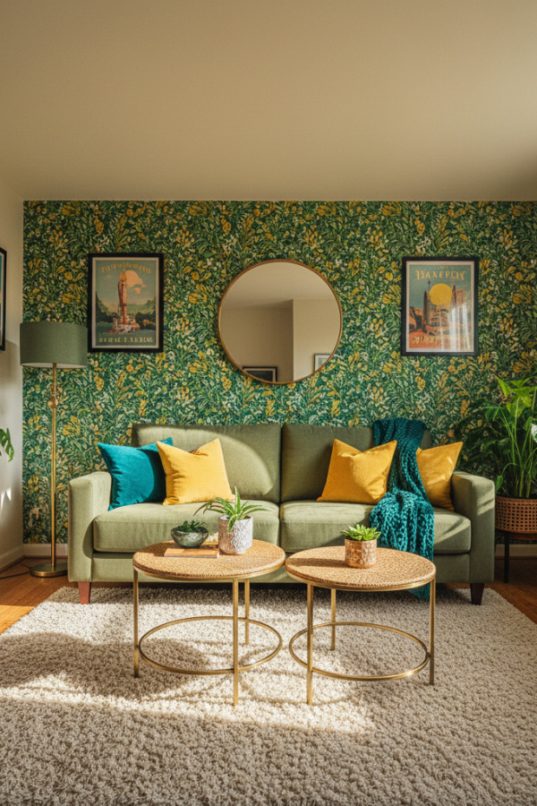 College Apartment Living Room, Olive Green Loveseat, Removable Covers, Easy Clean, Sunlit Rental-Friendly Space