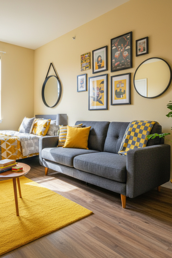 College Apartment Living Room, Charcoal Sofa Bed, Small Scale, Apartment Size, Vibrant Compact Space