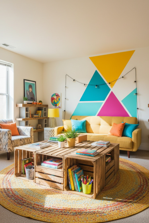 College Apartment Living Room, Natural Wood Crate Furniture, DIY Coffee Table, Budget Storage, Bright Modern Creative Space