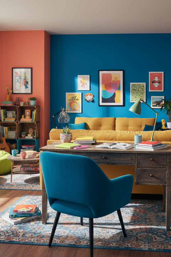 College Apartment Living Room, Blue Accent Chair, Desk Behind Sofa, Study Zone, Sunlit Productive Space