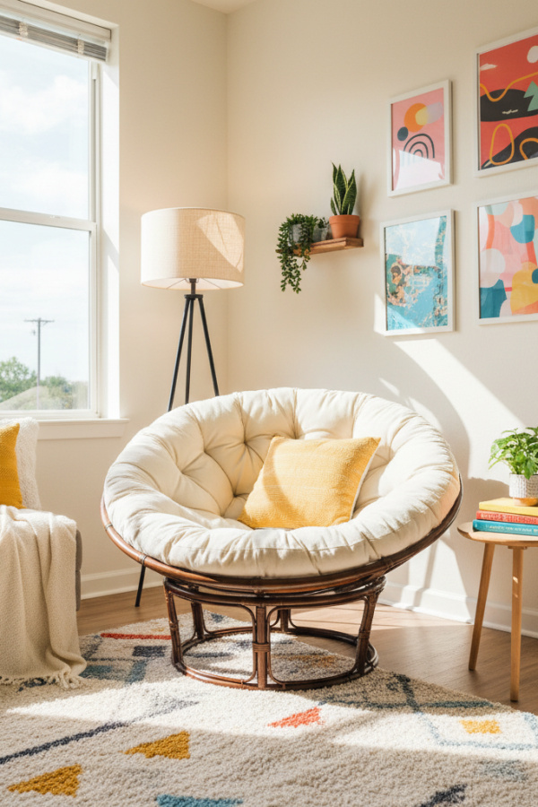 College Apartment Living Room, Cream Papasan Chair, Reading Nook, Floor Lamp, Bright Modern Cozy Space