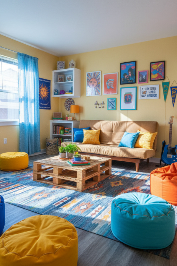 College Apartment Living Room, Tan Futon Mattress, Floor Seating, Minimalist Setup, Vibrant Budget Space