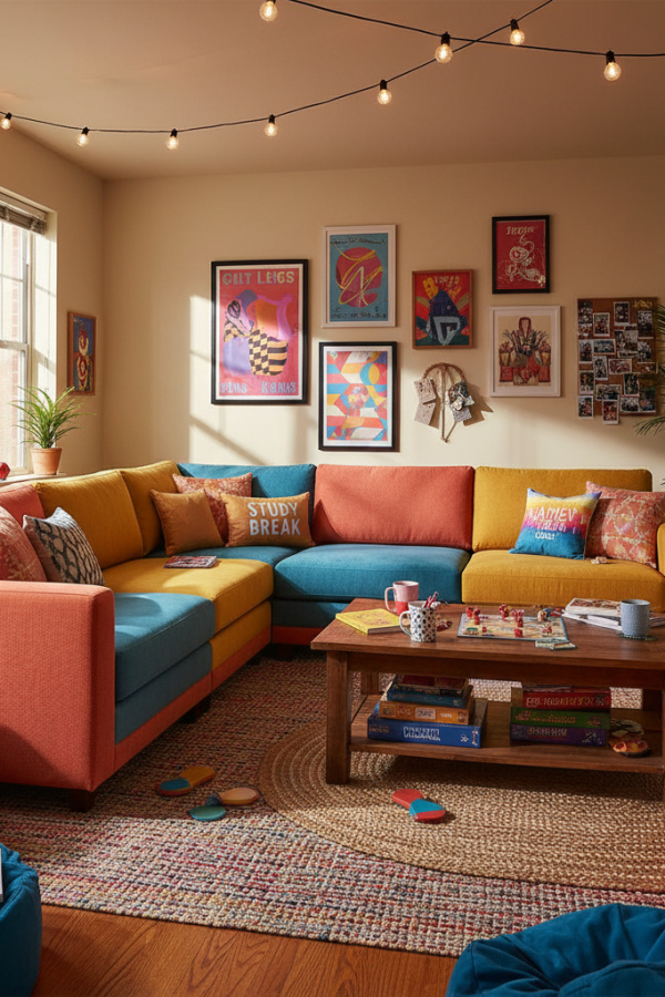 College Apartment Living Room, IKEA Sectional, Modular Configuration, Affordable Price, Sunlit Budget-Friendly Space