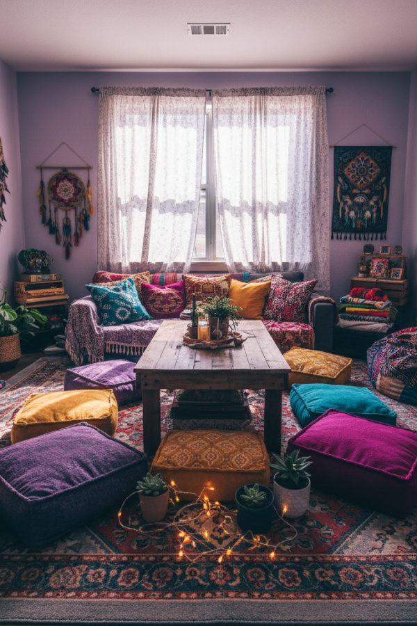 College Apartment Living Room, Floor Cushion Seating, Poufs and Pillows, Low Coffee Table, Vibrant Bohemian Space