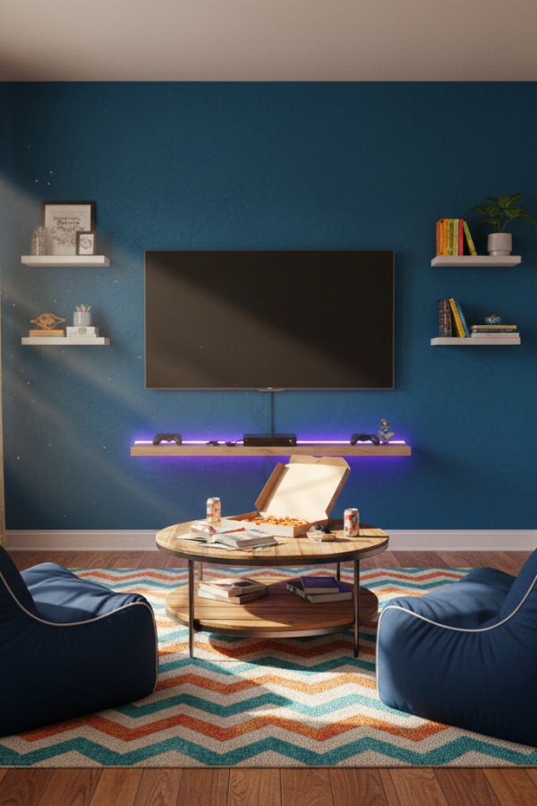 College Apartment Living Room, Navy Blue Bean Bags, Gaming Setup, Wall-Mounted TV, Bright Entertainment Space