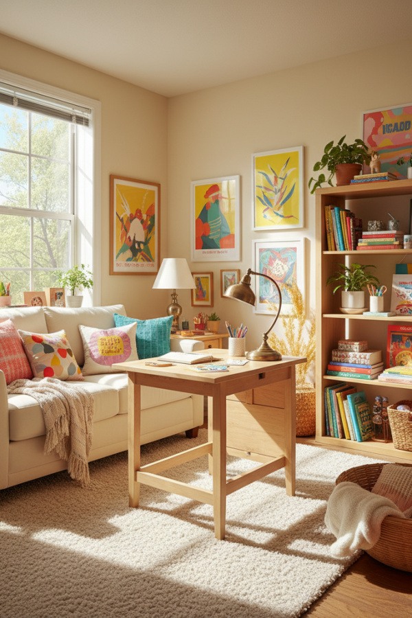College Apartment Living Room, Cream Loveseat, Folding Desk, Study Corner, Sunlit Multi-Functional Space
