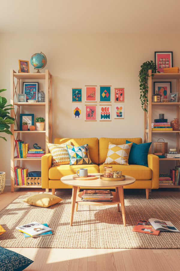 College Apartment Living Room, Light Wood IKEA Furniture, Compact Sofa, Open Shelving, Bright Scandinavian Space