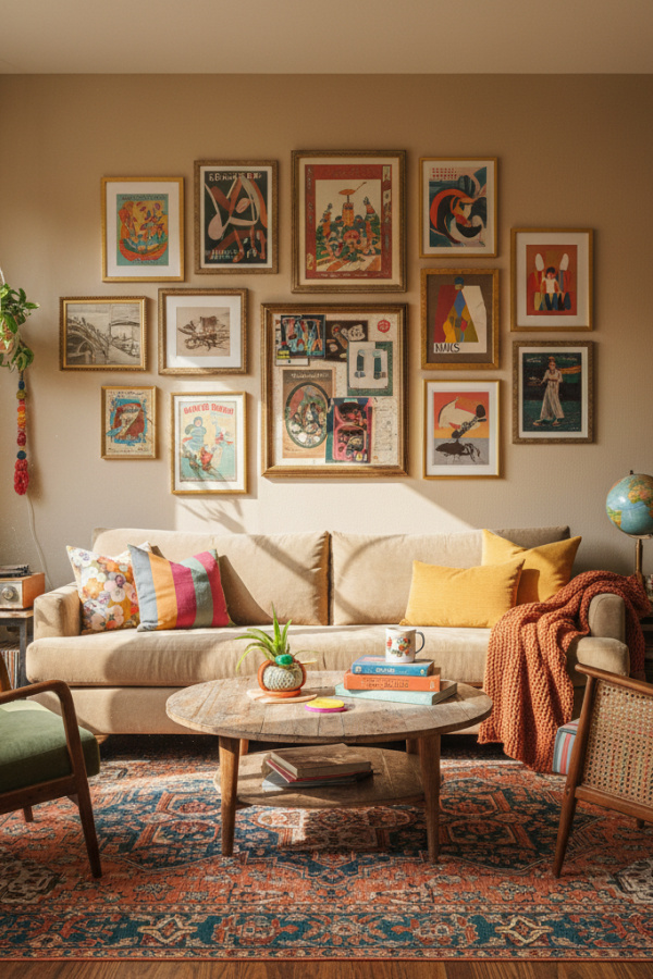 College Apartment Living Room, Beige Thrifted Sofa, Vintage Finds, DIY Gallery Wall, Sunlit Modern Eclectic Space