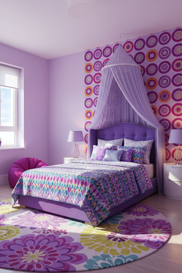 Twin Bed for 8-10 Year Old Girl, Lavender Purple Upholstery, Canopy Draping, Vibrant Modern Kids Bedroom