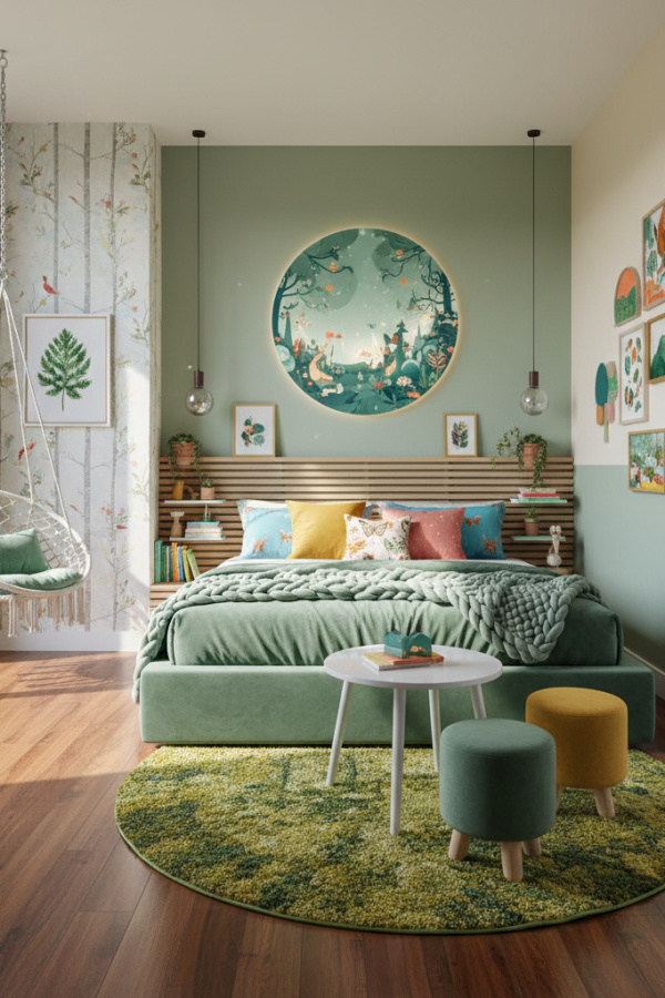 Platform Bed for 8-10 Year Old Girl, Sage Green Fabric, Nature Theme Decor, Vibrant Modern Kids Bedroom