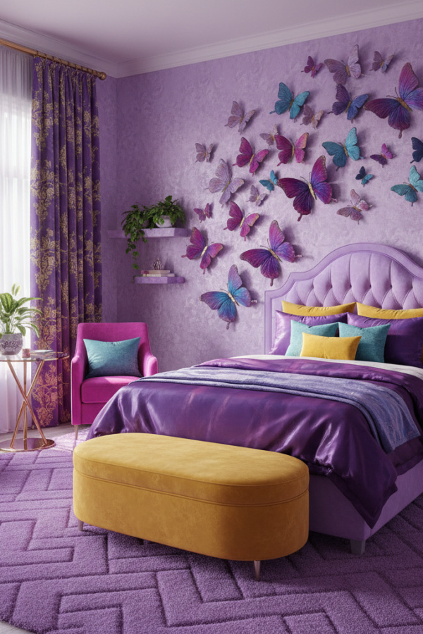 Twin Bed for 8-10 Year Old Girl, Lilac Purple Velvet, Butterfly Wall Art, Bright Modern Kids Bedroom