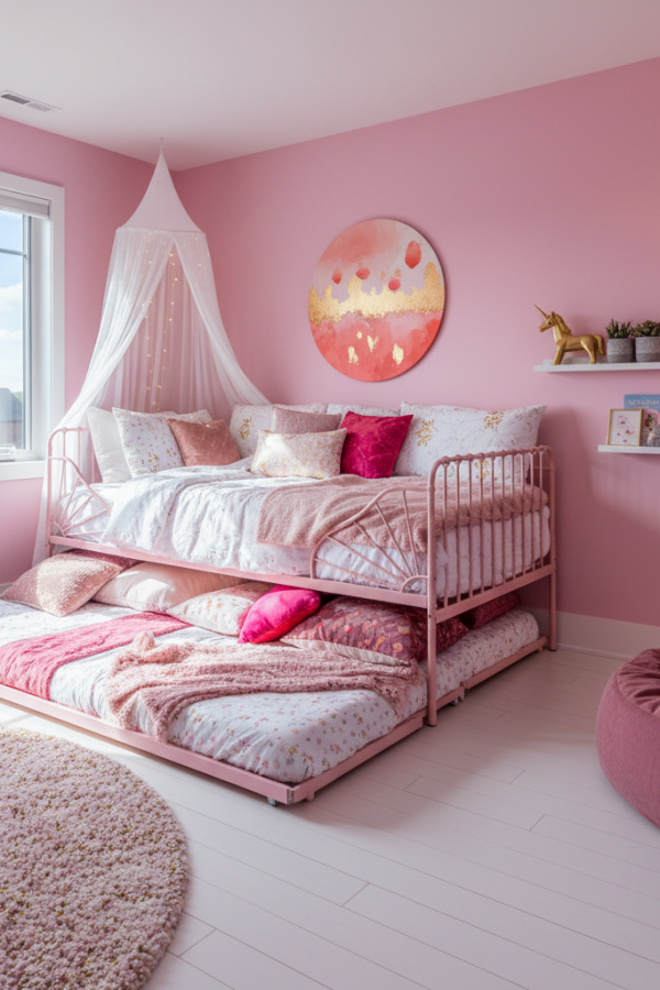 Trundle Bed for 8-10 Year Old Girl, Blush Pink Frame, Sleepover Setup, Sunlit Modern Kids Bedroom