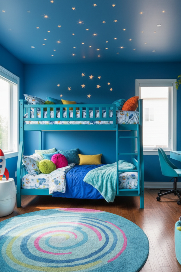Bunk Bed for 8-10 Year Old Girl, Teal Blue Painted Wood, Star Ceiling Decals, Vibrant Modern Kids Bedroom
