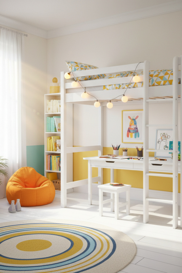 Loft Bed for 8-10 Year Old Girl, White Wood Frame, Art Station Below, Bright Modern Kids Bedroom