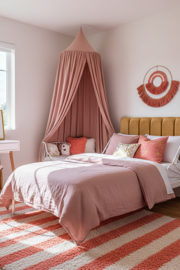 Twin Bed for 8-10 Year Old Girl, Dusty Rose Linen, Canopy Tent, Sunlit Modern Kids Bedroom