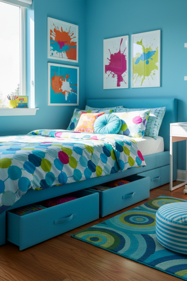 Platform Bed for 8-10 Year Old Girl, Aqua Blue Fabric, Under-Bed Storage Drawers, Vibrant Modern Kids Bedroom