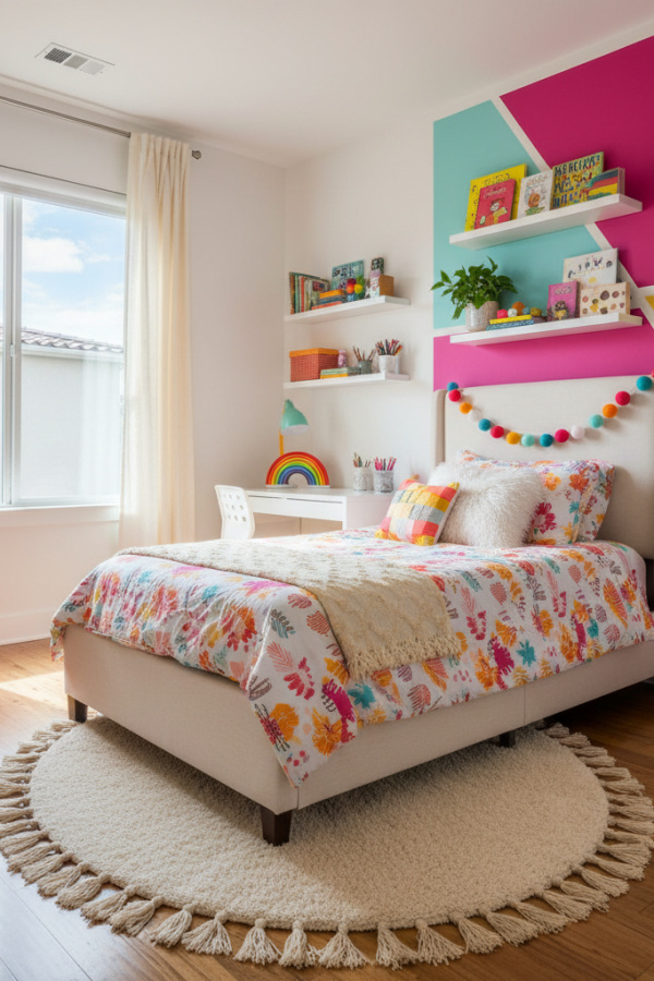 Twin Bed for 8-10 Year Old Girl, Cream White Upholstery, Pom-Pom Garland, Bright Modern Kids Bedroom