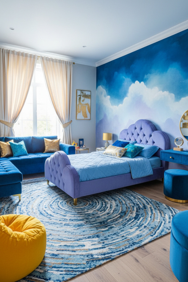 Twin Bed for 8-10 Year Old Girl, Periwinkle Blue Velvet, Cloud Wall Decor, Bright Modern Kids Bedroom