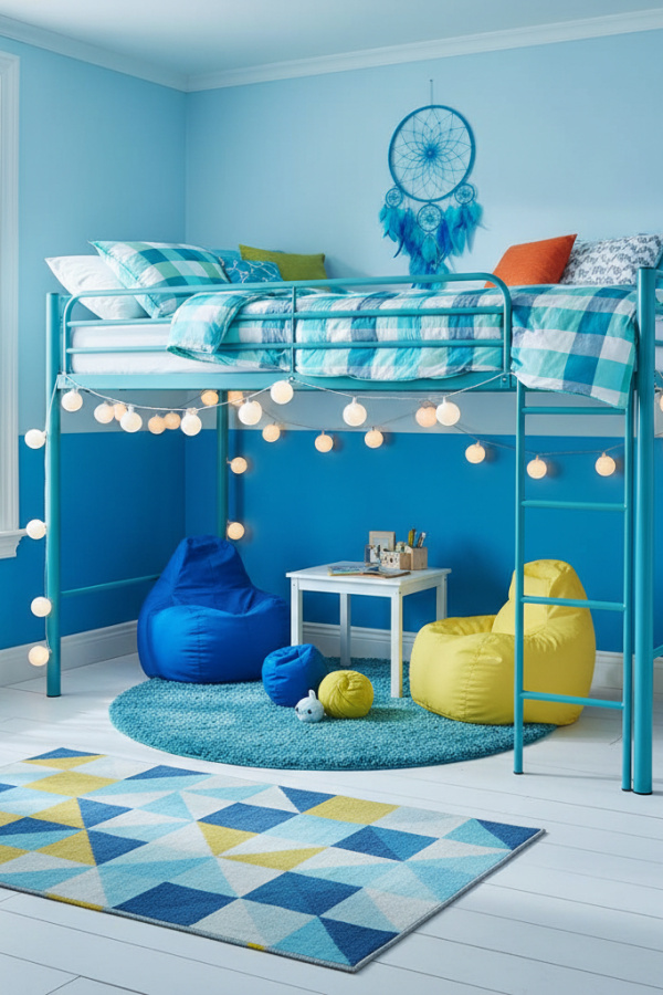 Loft Bed for 8-10 Year Old Girl, Turquoise Blue Frame, Play Space Underneath, Bright Modern Kids Bedroom