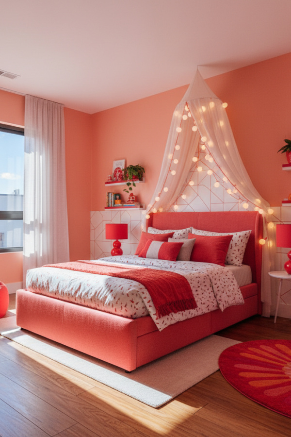 Twin Bed for 8-10 Year Old Girl, Coral Pink Fabric, String Light Canopy, Sunlit Modern Kids Bedroom