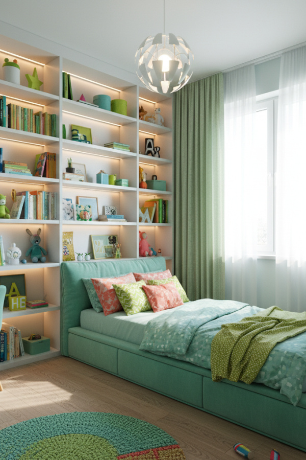 Platform Bed for 8-10 Year Old Girl, Mint Green Upholstery, Built-In Bookshelf, Vibrant Modern Kids Bedroom