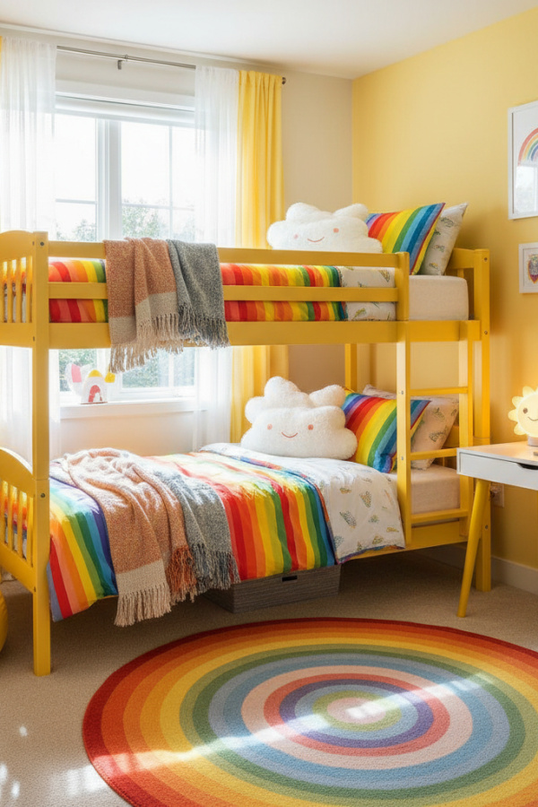 Bunk Bed for 8-10 Year Old Girl, Sunshine Yellow Paint, Rainbow Bedding, Bright Modern Kids Bedroom