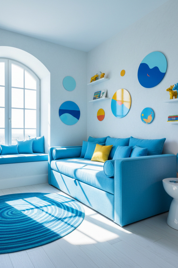 Daybed for 8-10 Year Old Girl, Sky Blue Cushions, Window Seat Styling, Sunlit Modern Kids Bedroom