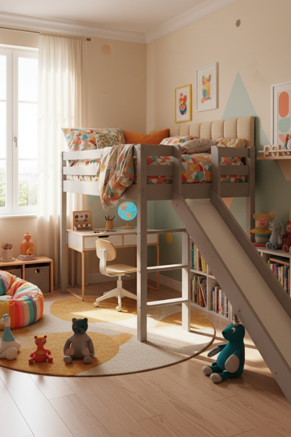 Loft Bed for 8-10 Year Old Girl, Soft Gray Wood, Slide Attachment, Bright Modern Kids Bedroom