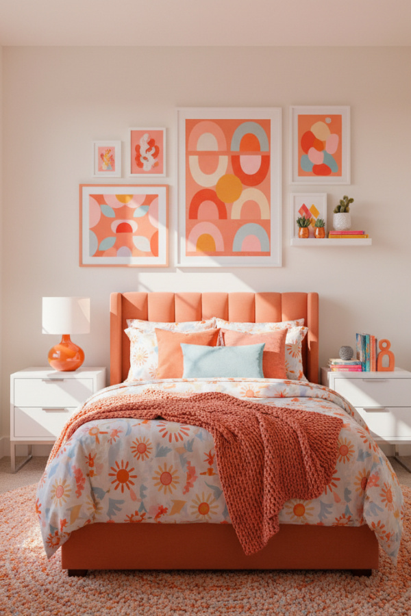 Twin Bed for 8-10 Year Old Girl, Peach Orange Upholstery, Gallery Wall Display, Sunlit Modern Kids Bedroom