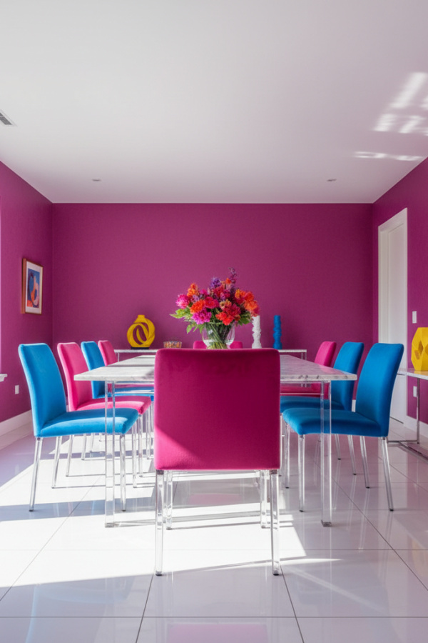 Hot Pink Velvet Minimalist Side Chair With Bright Acrylic Legs Hot Pink Velvet Minimalist Side Chair With Bright Acrylic Legs