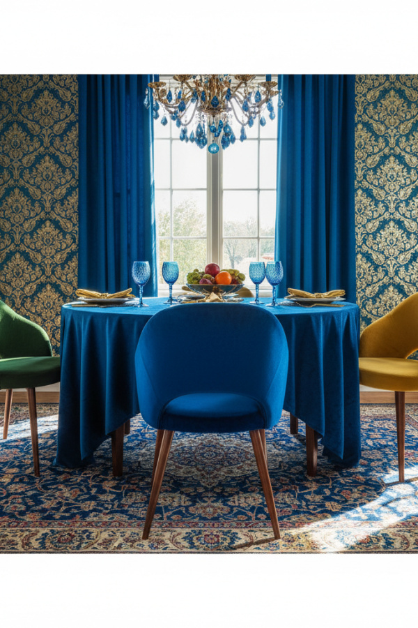 Ultramarine Blue Velvet Mid-Century Chair With Sunlit Angled Wood Legs Ultramarine Blue Velvet Mid-Century Chair With Sunlit Angled Wood Legs