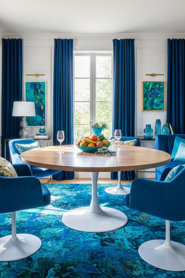 Cerulean Blue Velvet Tulip-Style Chair With A Bright White Base Cerulean Blue Velvet Tulip-Style Chair With A Bright White Base