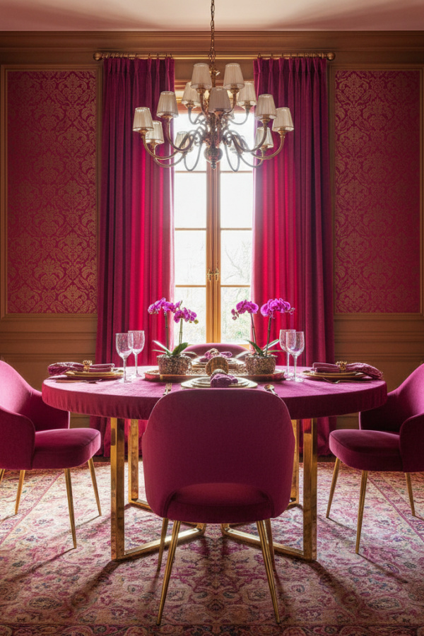 Fuchsia Velvet Eames-Inspired Chair With Sunlit Brass Legs Fuchsia Velvet Eames-Inspired Chair With Sunlit Brass Legs