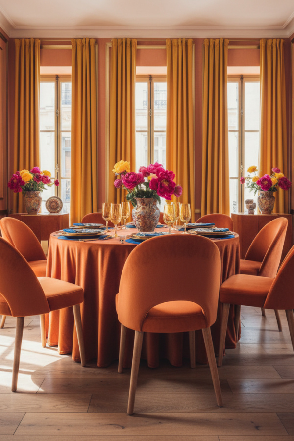 Sunset Orange Velvet Low Profile Chair With Bright Natural Oak Legs Sunset Orange Velvet Low Profile Chair With Bright Natural Oak Legs