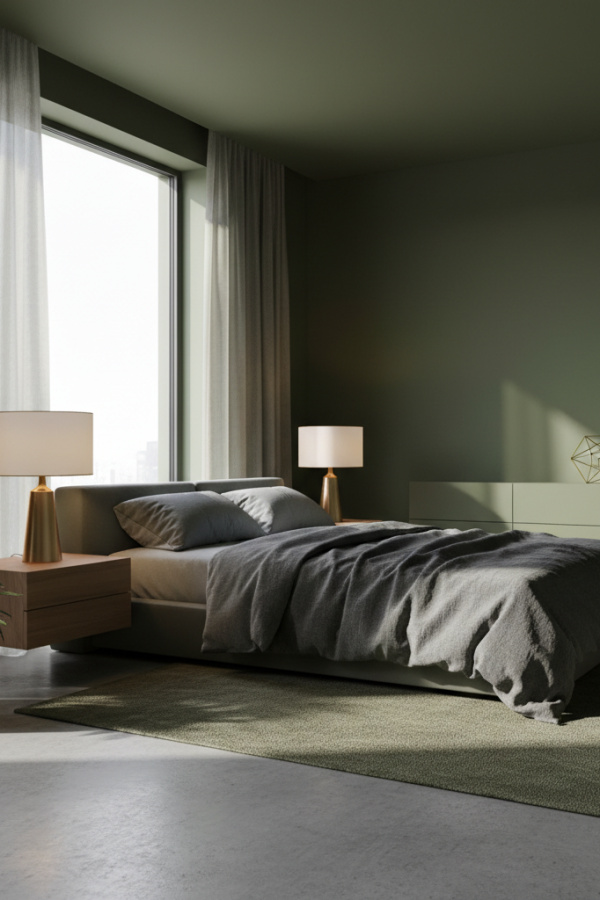 Modern Minimalist Charm Olive Green Bedroom, No Candles, Olive Green Walls, 1 Charcoal Linen Bedspread, 1 Gold Table Lamp Modern Minimalist Charm Olive Green Bedroom, No Candles, Olive Green Walls, 1 Charcoal Linen Bedspread, 1 Gold Table Lamp