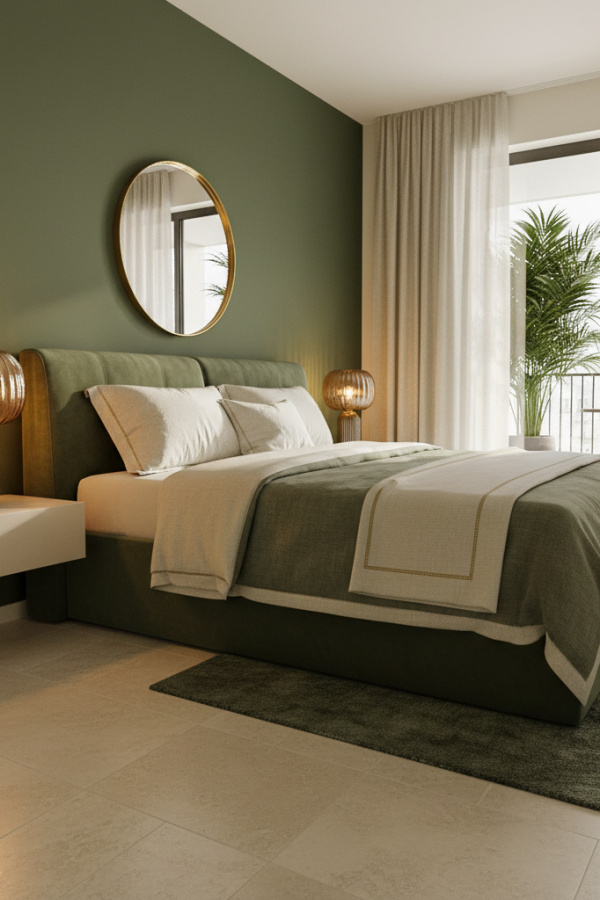Modern Sultry Chic Olive Green Bedroom, No Candles, Olive Green Accent Wall, 1 Cream Linen Pillow, 1 Amber Glass Lamp Modern Sultry Chic Olive Green Bedroom, No Candles, Olive Green Accent Wall, 1 Cream Linen Pillow, 1 Amber Glass Lamp