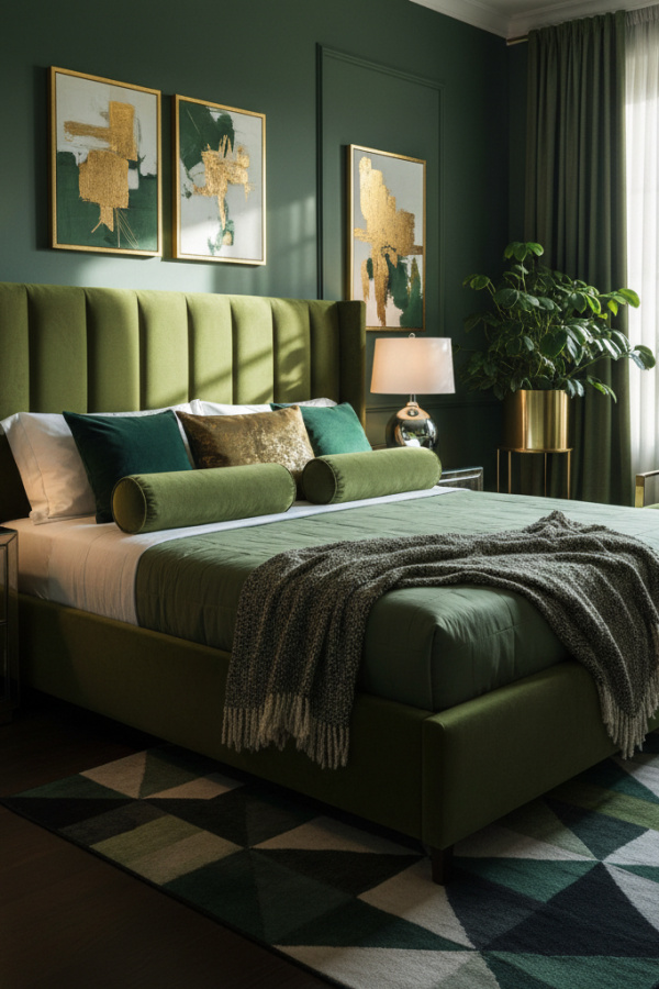 Modern Urban Glam Olive Green Bedroom, No Candles, Olive Green Upholstered Chair, 1 Geometric Rug, 1 Chrome Table Lamp Modern Urban Glam Olive Green Bedroom, No Candles, Olive Green Upholstered Chair, 1 Geometric Rug, 1 Chrome Table Lamp