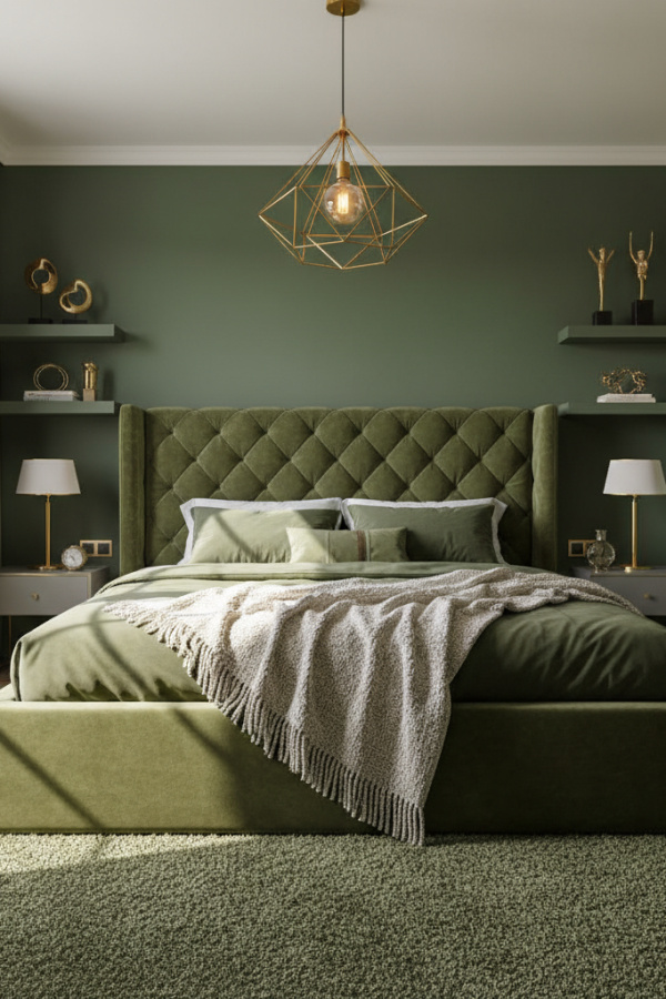 Modern Plush Retreat Olive Green Bedroom, No Candles, Olive Green Walls, 1 Ivory Throw Blanket, 1 Gold Pendant Light Modern Plush Retreat Olive Green Bedroom, No Candles, Olive Green Walls, 1 Ivory Throw Blanket, 1 Gold Pendant Light